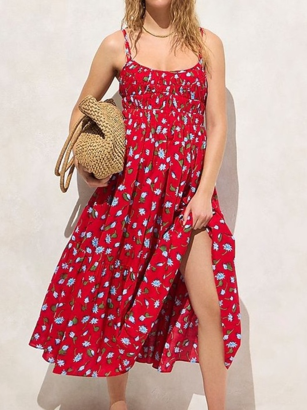 J. Crew Tiered Dress Brushed Daisy Print Red Blue Cotton Midi Lace Up Back XL